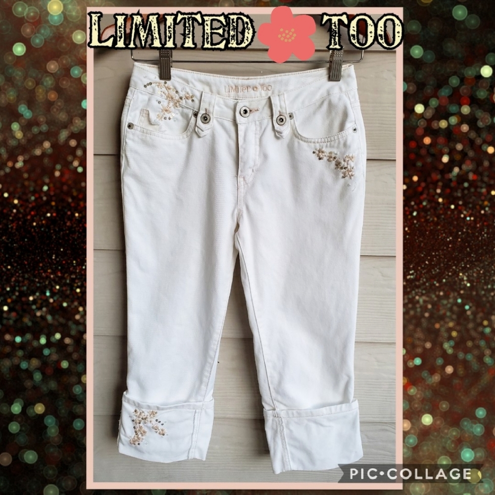 Limited Too White Denim Embroidered Cuffed Capri Pants